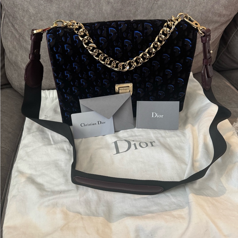 Dior Women's Black and Blue Shoulder Bag with Gold Chain